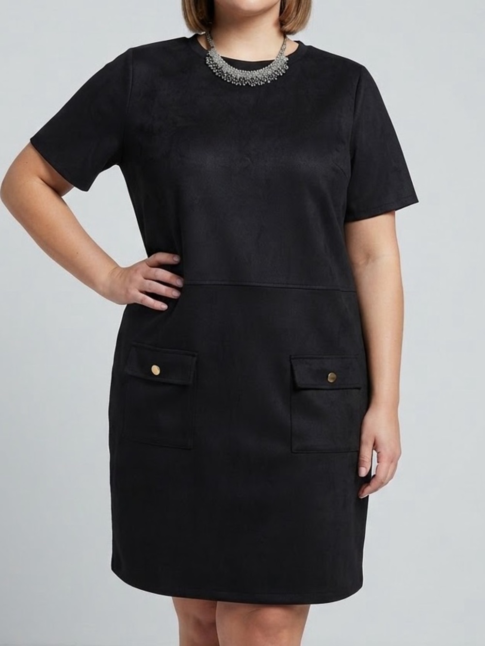 LILY MORGAN Minimalist Black Midi Suede-look Shift Dress 1X
